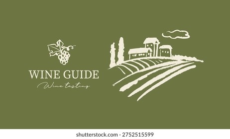 Wine sketch logo in crayon hand drawn graphic style. Retro grapes drawing. Menu design, winery sign, vineyard emblem, alcohol bar symbol. Vector illustration