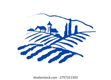 Wine sketch logo in crayon hand drawn graphic style. Retro winery landscape drawing. Menu design, winery sign, vineyard emblem, alcohol bar symbol. Vector illustration