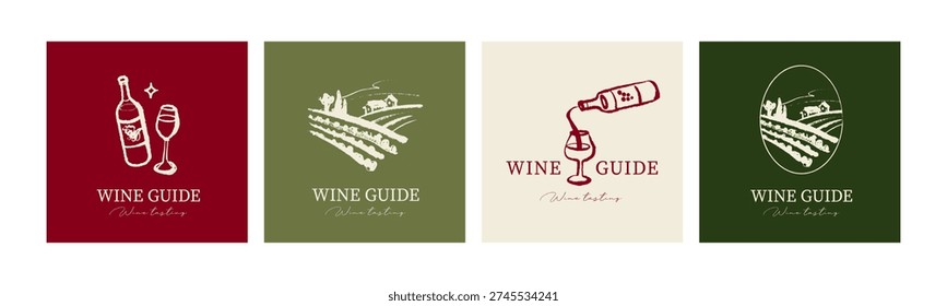Wine sketch logo set in crayon hand drawn graphic style. Retro drawing. Menu design, winery sign, vineyard emblem, alcohol bar symbol. Vector illustration