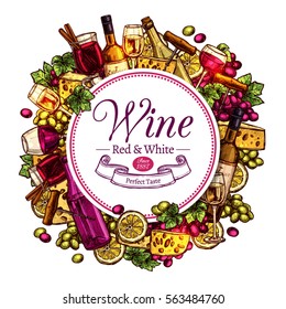 Wine Sketch Round Design. Hand Drawn Colorful Background