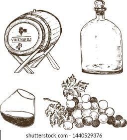 Wine sketch vector illustration. Winemaking hand drawn vintage set. Winery wooden barrel, glass with wine, grape twig. Classical alcoholic drink and beverages.