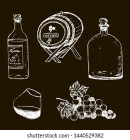 Wine sketch vector illustration. Winemaking hand drawn vintage set. Winery wooden barrel, glass with wine, grape twig. Classical alcoholic drink and beverages white on black chalk.