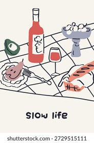 Wein und Snacks, Plakatdesign im Dolce Vita Stil. Handgezeichnetes Weinglas, italienische Alkoholflasche, langsames Essen, Baguette und Früchte auf Picknicktuch, Karte. Flache Vektorgrafik