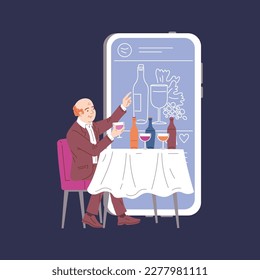 Wine sommelier tasting wine in restaurant, flat vector illustration isolated on dark background. Man rating wine and writing about it on social media. Concepts of food critic and blogger.