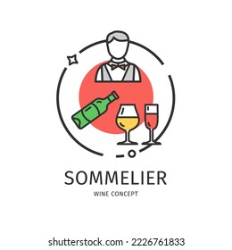 Wine Sommelier Thin Line Icon Concept Include of Male Character and Bottle . Vector illustration of Service Tasting Alcoholic Drink