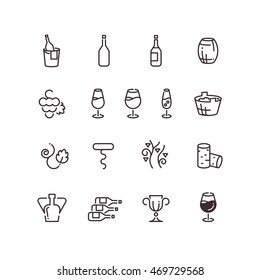Wine sommelier winery thin line vector icons. Linear glass goblet and bottle illustration
