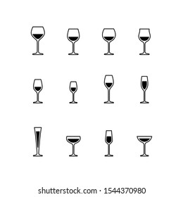 Wine and sparkling wine glasses, black and white icons. Vector