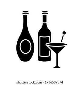 Wine and spirits black glyph icon. Alcoholic beverages in bottles. Martini in glassware. Bar menu. Premium whiskey. Cocktail in glass. Silhouette symbol on white space. Vector isolated illustration