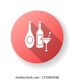 Wine and spirits red flat design long shadow glyph icon. Alcoholic beverages in bottles. Martini in glassware. Bar menu. Various drinks. Cocktail in glass. Silhouette RGB color illustration