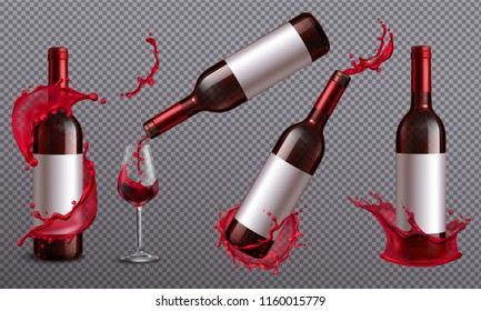 Wine splash realistic set of images on transparent background with jars and drinking glass vector illustration