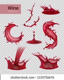 Wine splash realistic set of isolated sprays of liquid red wine with drops on transparent background vector illustration