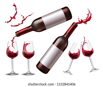 Wine splash set with realistic isolated images of drinking glasses and bottles with red wine spray vector illustration