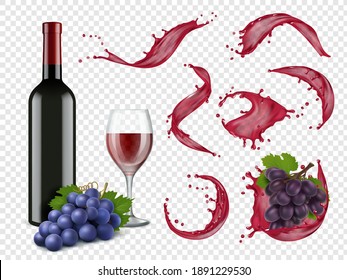 Wine splashes. Liquid red drops grapes bottles and glasses for alcoholic drinks vector realistic set