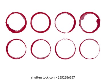 Wine stain circles. Coffee bottom glass ring spills templates. Vector isolated round paint grunge frames.