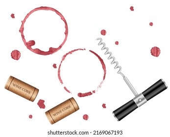 Wine stain, cork and corkscrew on a white background. Vector illustration.