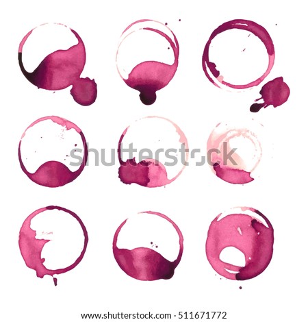 Wine stain spots watercolor splashes cup vector isolated on white background. Red alcohol bottle or glasses cup spot stain grunge liquid watercolor design elements