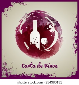 Wine stains with bottle and glass. For wine list, cover, illustration, icon, symbol or logo. Vector