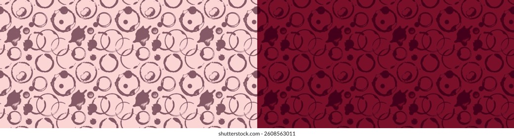 Wine stains pattern vector Illustration in color. Wine seamless background with spilled wine for fabric print design, winery label, vineyard banner, wineshop ad, bar poster
