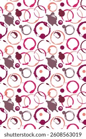 Wine stains pattern vector Illustration in color. Wine seamless background with spilled wine for fabric print design, winery label, vineyard banner, wineshop ad, bar poster