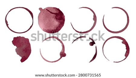 Wine stains and red watercolor mark rings. Grunge circles and realistic wine splashes isolated on white background
