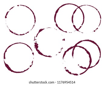 Wine stains, ring or circle on white background. Wineglass circles. Burgundy blemishes and splatters. Scarlet stains and bordo strips. Isolated vector illustration. 
