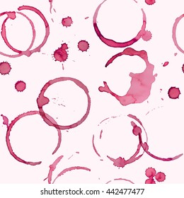 Wine stains vector seamless pattern on light pink background, backdrop for wine card or restaurant menu