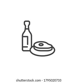 Wine and steak line icon. linear style sign for mobile concept and web design. Wine bottle and meat steak outline vector icon. Symbol, logo illustration. Vector graphics