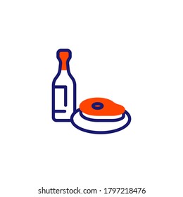 Icono de línea de vino y filete. signo de estilo lineal para concepto móvil y diseño web. Icono vectorial del contorno de carne de vacuno y botella de vino. Símbolo, ilustración del logotipo. Gráficos vectoriales