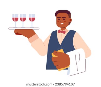 Wine steward african american male 2D cartoon character. Sommelier man black isolated vector person white background. Wineglasses tray holding bartender occupation color flat spot illustration