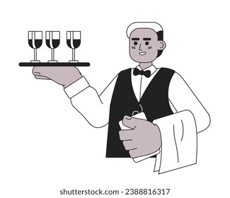 Wine steward african american male black and white 2D cartoon character. Sommelier man black isolated vector outline person. Wineglasses tray holding bartender monochromatic flat spot illustration