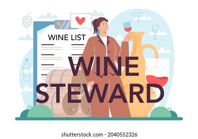 Cabecera tipográfica del guardián del vino. Sommelier con un vaso lleno de alcohol. Botella de degustation de vino de uva. Vino de uva en barril de madera, bodega. Ilustración vectorial aislada