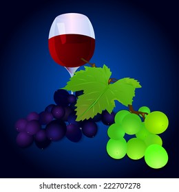 Wine still life, bunch of grapes, a glass of wine, grape leaf
