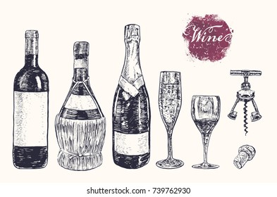 Wine still life. Wine making products. Hand drawn vector illustration with wine bottle, champagne, glass, stopper, corkscrew. Vintage engraving stylized drawing