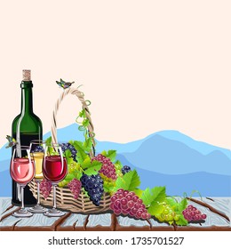 Wine still life on an old wooden surface with a vintage background. Wine and bunches of grapes. Vector template for menu and advertising.