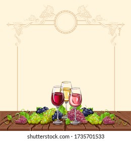 Wine still life on an old wooden surface with a vintage background. Wine and bunches of grapes. Vector template for menu and advertising.