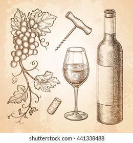 Wine still life old paper background  Hand drawn vector illustration  Retro style 