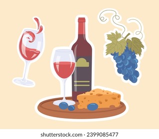 Wine still life on wooden tray with wineglass of red beverage and bottle, cheese and grapes bunch