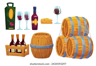 Wine storage and drinking. Cartoon vector illustration set of grape alcohol drink elements - aged wooden oak barrels and box, bottles and glasses with red wine, cheese