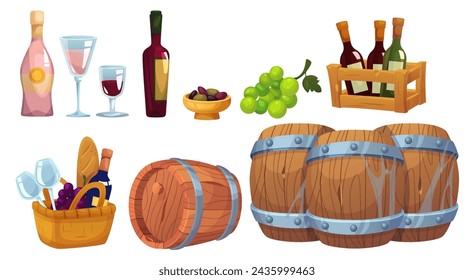 Wine storage and drinking. Cartoon vector illustration set of grape alcohol drink elements - aged wooden oak barrels and box, bottles and glasses with red wine and pink champagne, olives and fruits.