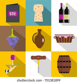 Wine store icons set. Flat set of 9 wine store vector icons for web with long shadow