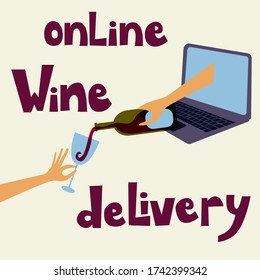 Wine store online delivery service. Hand with a bottle of a red wine filling a glass. Online store, delivery, order. Isolated vector illustration. Safe online wine store delivery during quarantine.