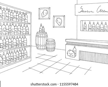 Wine store shop interior. Black and White graphic sketch. 