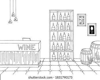 Wine store shop interior black white graphic sketch illustration vector