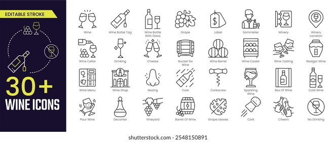 Wine Stroke icon collections. Containing, Wine Cooler, Wine Bottle Tag, Grape, Label, Winery, Tasting, and Wine Barrel icons. Editable Stroke icon collection Outline icon