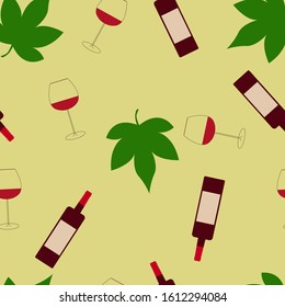 Wine stuff - bottle, glass, grape leaves. Vector illustration. seamless pattern