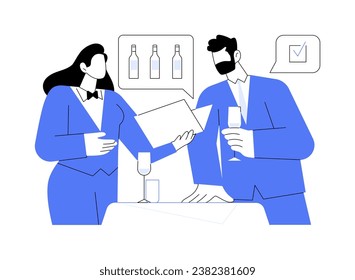 Wine suggestions abstract concept vector illustration. Restaurant sommelier showing wine list to a client, service sector, horeca business, professional people, drinking alcohol abstract metaphor.