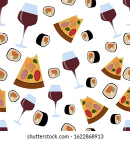 Wine, sushi rolls, pizza flat hand drawn seamless pattern. Cartoon texture 
isolated on white fon. Fast food illustrations. Sketch color cliparts. Kitchen textile, background vector fill