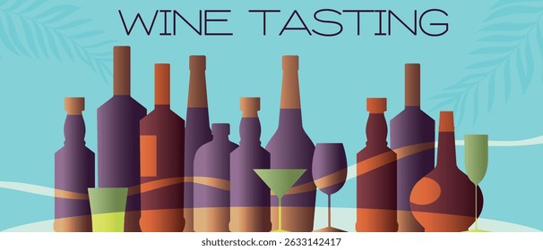 Wine tasting, alcohol bottles set, glasses, banner vector design, bar menu. Party, drinks, red wine, whiskey, wine list, rum, strong alcohol