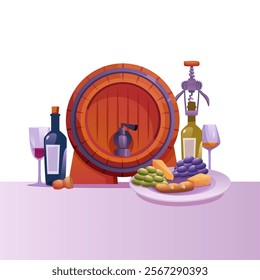 Wine tasting. alcoholic drinks composition of bottles and barrels. vector cartoon background