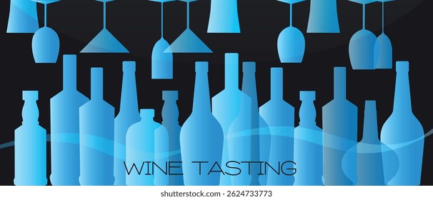 Wine tasting banner, bar poster, set of different types of alcohol bottles. Vector illustration wine, glasses, flat style, party